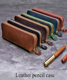 Handmade Genuine Leather Pencil Bag Vintage Retro Cowhide Zipper Pencil Case Pouch Glasses Case Office Stationery Storage Bag7501741