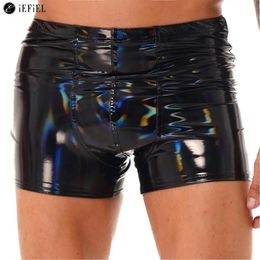 Sexy Mens Wet Look Patent Leather Boxer Briefs Bulge Pouch Shorts Underwear Shiny Metallic Swim Trunks Bikini Bottoms Swimwear 240110