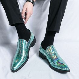 Glitter Patent Leather Men Fashion Green Elegant Man Dress Social Pointed Toe Slip-on Men's Formal Shoes