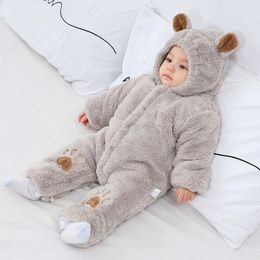 born Winter Romper Bear Ear Fleece Baby Girl Boys Born Warm Jumpsuit Overall Footies Infant Toddler Clothes 240109