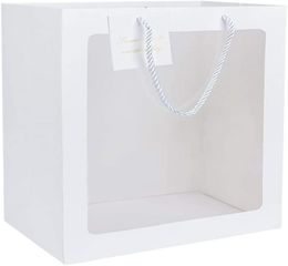 White Gift Bag Tote Paper Bags Transparent Window Flower Bouquet Papers Gifts Bags with Handles4511407