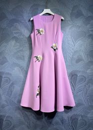 2024 Spring Pure Colour Embroidery Dress Purple Sleeveless Round Neck Midi Casual Dresses T3J091516