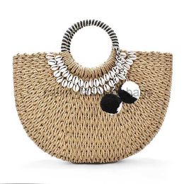 Totes Woman Fashion New Creative Shell Moon Str Bag Scarf Hair Ball Decoration bag Portable Woven Beach Handbagcatlin_fashion_bags