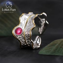 Fun Real 925 Sterling Silver Ring Natural Tourmaline Gemstones Fine Jewellery Adjustable Peony Leaf Rings for Women Bijoux 240109