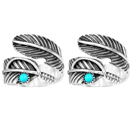 Cluster Rings 2pcs Women Men Alloy Attractive Anniversary Feather Turquoise Elegant Eye Catching Party Thumb Ring Adjustable Opening Dating