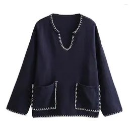 Women's Sweaters Women Knitted Quilted Pocket Sweater Autumn Winter Navy Blue V-Neck Long Sleeve Loose Pullover Lady Elegant Jumpers