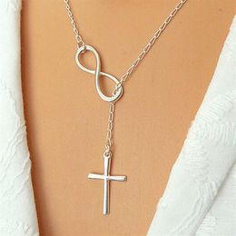 Whole-N606 Personality Infinity Cross Lariat Pendant Necklaces Silver Plated European Collares Necklace Forever Faith Necklace240T