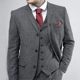 Wool Tweed Winter Suits for Men 3 Piece Wedding Groom Tuxedos Peaked Lapel Man Fashion Clothing Plus SizeBlazerVestPants 240110