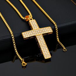 Hip Hop Iced Out Bling Cross Pendant Necklaces Male Golden Color 14k Yellow Gold Christian Necklace For Men Jewelry