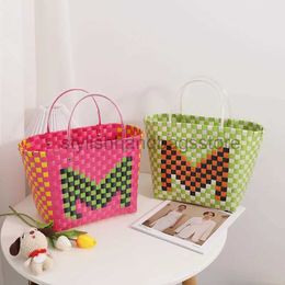 Totes Colour woven bag niche design letter hand-held vegetable basket contrasting Colour hand-carrying shopping women'sstylishhandbagsstore