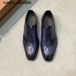 Berluti Business Leather Shoes Oxford Calfskin Handmade Top Quality patchwork hand-painted Scritto gentlemen's formalwq
