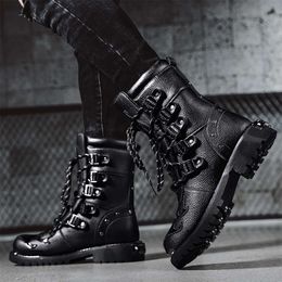 Fashion Black Motorcycle Winter Men Trendy High Top Lace-up Leather Boots Man Outdoor Anti-collision Men's Biker Boot