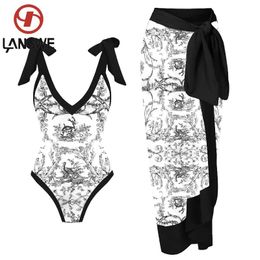 Pants Lanswe Bowknot Tie Shoulder Print One Piece Swimsuit Cover Up White Boho Printed Swim 2023 Shorts Bourkini Sexy Brazil