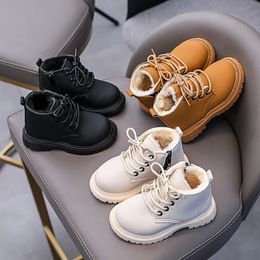 Winter Kids Snow Boots Boys Leather Shoes Fashion Solid Colour Warm Baby Girl Shoes Cotton Infant Children Ankle Boots 240108