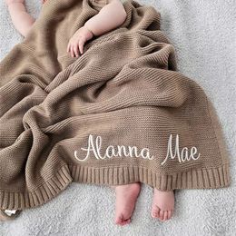 Knitted Personalized Name Baby Shower born Baby Gift Soft Breathable Blanket Embroidered Kids Cotton Nap Blanket 240109