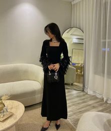 Classy Long Black Evening Dresses Square Collar Spandex Full Sleeves with Feathers Mermaid Ankle Length Custom Made Formal Occasion Dress