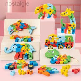 Blocks 1PCS 3D Puzzle Wooden Dinosaur Animal Jigsaw Puzzle Early Education Color Sorting Learning Educational Toys For Toddlers Gift 240401