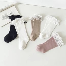 5 Pairs/lot Infant Girl Baby Stuff Fall Winter Cotton Solid Embroidered Lace Mid Tube Stockings born Knee Long Socks 240109