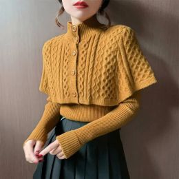 QNPQYX New Women Pullovers Vintage Sweater Knitted Slim Turtleneck Solid Korean Single Breasted Cardigan Cloak Sweaters Autumn