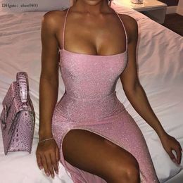 Lace Hirigin Glitter Up Pink Open Back High Split Maxi Dress 2021 Fashion Summer Club Bodycon Dresses Woman Party Night es