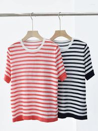Women's T Shirts Summer 2024 Women Color Patchwork Stripes Letter Jacquard Knit T-Shirt Short Sleeve Knitwear Top O-Neck Lady Tee