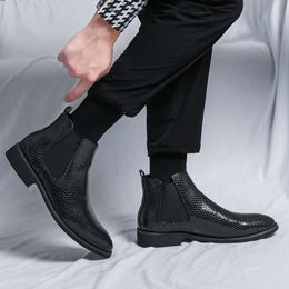 Classic Leather Black Ankle Man Trend High Top Pointed Toe Men Fashion Casual Slip-on Men's Half Boots