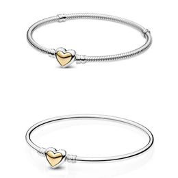 Bangles Authentic 925 Sterling Silver Moments Domed Golden Heart Clasp Snake Chain Bracelet Bangle Fit Bead Charm Diy Fashion Jewelry