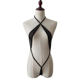 Suits micro bikini swimwear women swimsuit one piece biquini bikinis see through Sexy Solid color Transparent Net yarn cross Halter