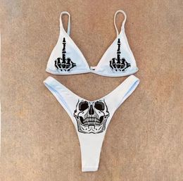 Set New Black And White Sexy Goth Emo Women Twopiece Skull Print Bikini Suit Split Bathing Suit High Waist Gothic Swimsuit Beach