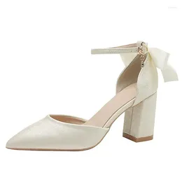 Dress Shoes Size 30-44 Chunky Heel Women Satin Solid Colour High Heels Ribbon Point Toe Wedding