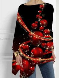 Women's T Shirts Fashion Christmas Tree Ladies Print Irregular Long Sleeve T-shirt Autumn Round Neck Pullover Casual Tees