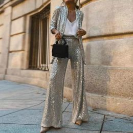 Women's Two Piece Pants Shiny Sequin Women Pant Coat Formal Commute Style Solid Colour Cardigan Long Seeve Mid Length High Waist Wide Leg