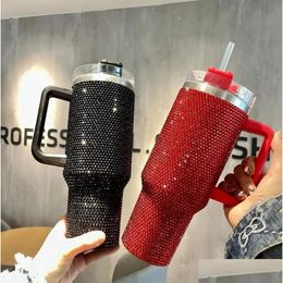 Mugs 1Pcs 40Oz Bling Tumblers With Handle Lid And St Rhinestones Car Travel Holder Insated Stainless Steel Double Wall Water Cups Fy57 Otajs
