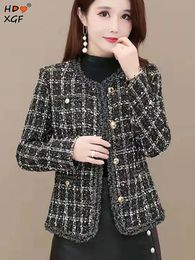 Vintage Vneck Singlebreasted Plaid Jackets Women Spring Autumn Tweed Plus Size Outerwear Korean Fashion Casual Coat Streetwear 240109