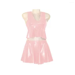 Work Dresses Sexy Loose Deep V Neck Tank Tops With Ruffles Pleated Mini Skirt Shiny PVC Leather Short Skirts Summer Night Club Party S-7XL