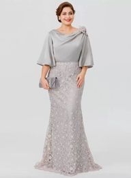 Elegante Longo cetim de seda Memaid Mothe of the Bide Deses Half Sleeves Sie renda Floo Length Fomal Dissen Evening Wedding Wedding Convidado Dess Goom Mom Pom