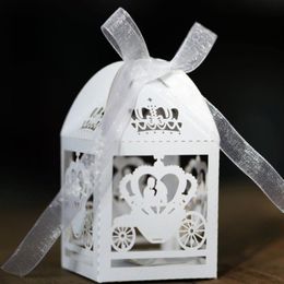 Whole- 2016 50PCS White Laser Cut Enchanted Carriage Marriage Box pumpkin carriage Wedding Favour Boxes Gift box Candy box262i