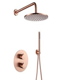 Brass Rose Gold Shower Faucets 10quot Rainfall Head Bathroom Shower System Diverter 2 Ways Thermostatic Valve Shower Set1501032