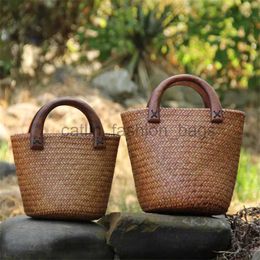 Totes Handmade wood handle str bag Vintage woven handbags Seaside vacation rattan Bucketcatlin_fashion_bags