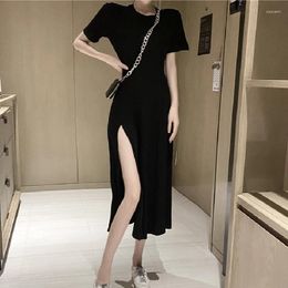 Casual Dresses Women Dress Summer Vintage Sexy Backless Black Short Sleeve Long One-Piece Korean Elegant Solid Slim Waist Female