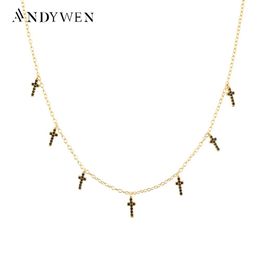 Necklaces ANDYWEN 925 Sterling Silver Winter Black Zircon Cross Charm Choker Long Chain Necklace 2021 Fashion Jewelry Fine Party Tiny Jewe
