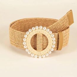 Belts Women Straw Woven Elastic Wide Belt Pearl Decoration Buckle Waitband Boho Style Solid Color Summer Beach Dress Decora