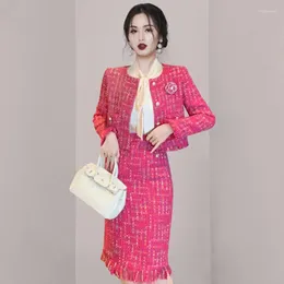 Work Dresses High Quality French Vintage Small Fragrant Tweed 2 Piece Sets Women Fashion Short Jacket Coat Tassel Skirt Two Suits