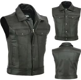 Men Motorcycle Leather Vest Solid Colour Large Pocket Sleeveless Biker Jackets Vintage Casual Male Plus Size S5XL 240109