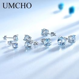 UMCHO Real 925 Sterling Silver Jewellery Created Russian Sky Blue Topaz Stud Earrings Elegant Anniversary For Women Birthday Gifts 240109