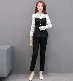 Women's Two Piece Pants Elegant Pant Suit Women Slim Black White Long Sleeve Ruffle Blouse And Pieces Set For Office Ladies Work