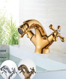 Gold Bidet Basin Faucet Dual Handles Water Bathroom Sink Brass Single Hole Deck Mounted Water Mixer Tap7845934