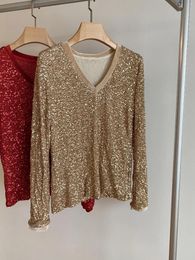 Women's T Shirts 2024 Fashion Long-sleeved Sexy Casual Mesh Sequined V-neck Top 1231