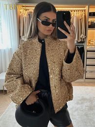 Metal Colour Sequin Woven Jacket For Women Loose Stand Collar Long Sleeve Coat Gold Autumn Winter Chic Female Outwear 240110