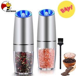 BEEMAN Electric Automatic Salt and Pepper Shaker Gravity Spice Mill Adjustable Coffee Grinder with LED Light Kitchen Tools 240110